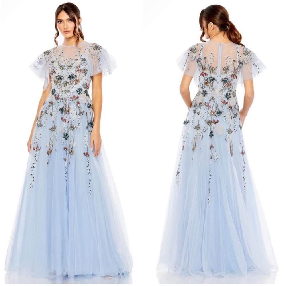 Mac Duggal Powder Blue Floral Embroidered Tulle Maxi Dress
